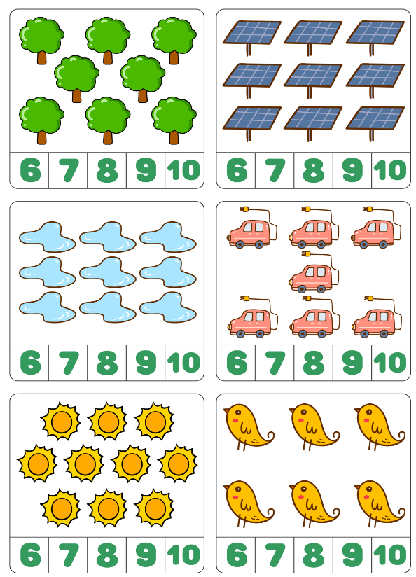 Đếm số lượng trong hình và khoanh vào số thích hợp