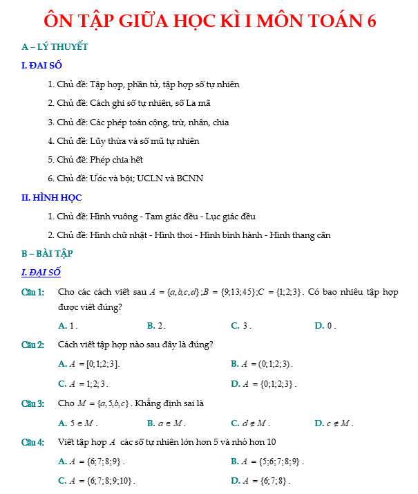 ÔN TẬP GIỮA HỌC KÌ I MÔN TOÁN 6