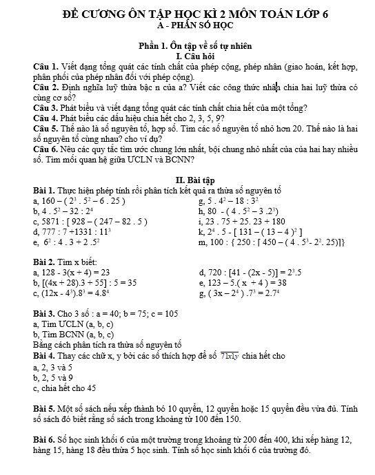 ĐỀ CƯƠNG ÔN TẬP HỌC KÌ 2 MÔN TOÁN LỚP 6
