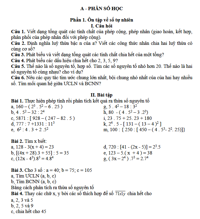 Đề cương ôn tập Học Kỳ 2 môn Toán lớp 6