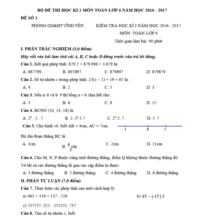 BỘ ĐỀ THI HỌC KÌ 1 MÔN TOÁN LỚP 6 NĂM HỌC 2016 - 2017