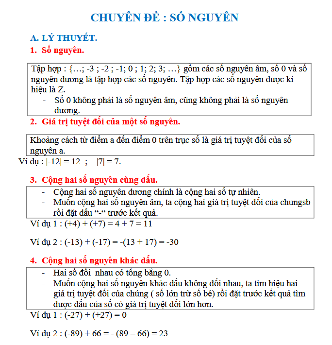 CHUYÊN ĐỀ: SỐ NGUYÊN - Đại số lớp 6