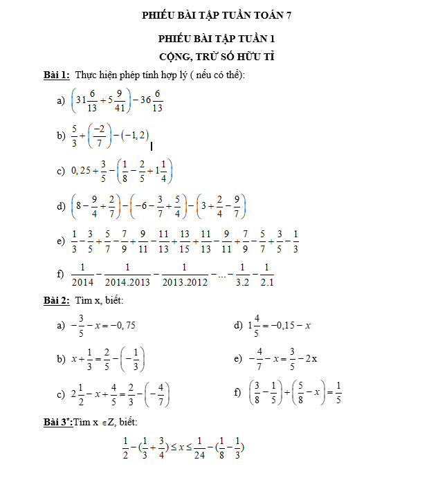 PHIẾU BÀI TẬP TUẦN TOÁN 7 - Cả năm