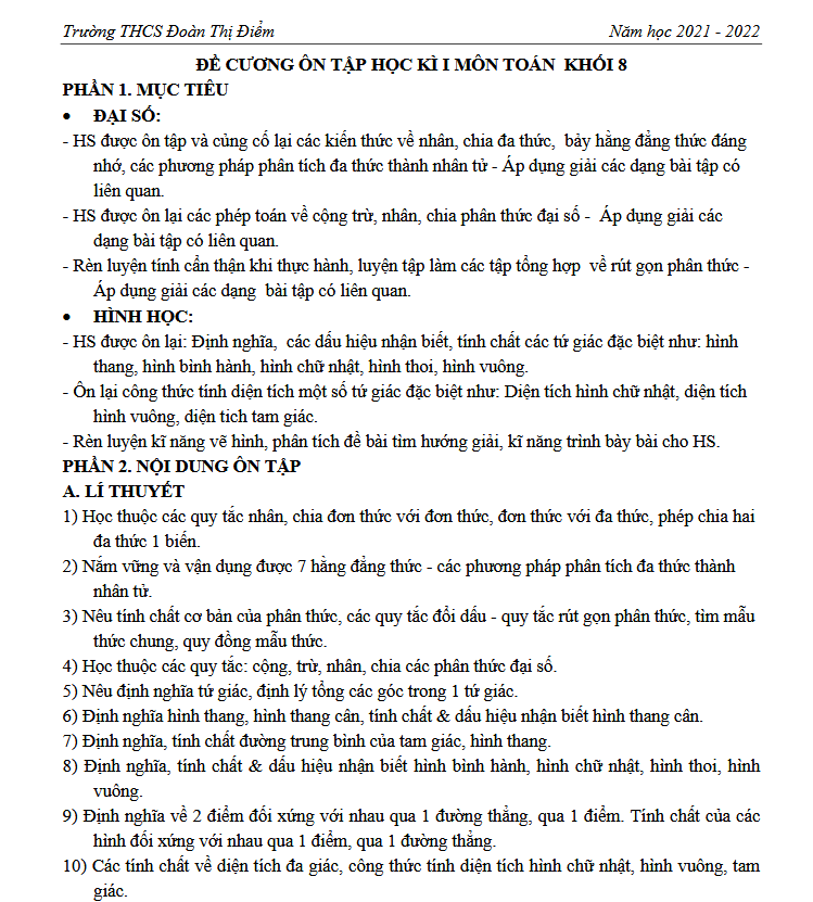 ĐỀ CƯƠNG ÔN TẬP HỌC KÌ I MÔN TOÁN KHỐI 8 - Năm học 2021 - 2022 - THCS Đoàn Thị Điểm