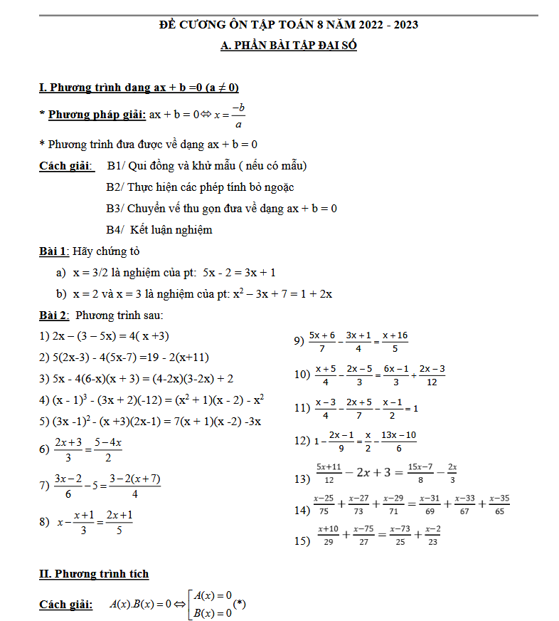 Đề cương ôn thi giữa kỳ 2 môn Toán 8