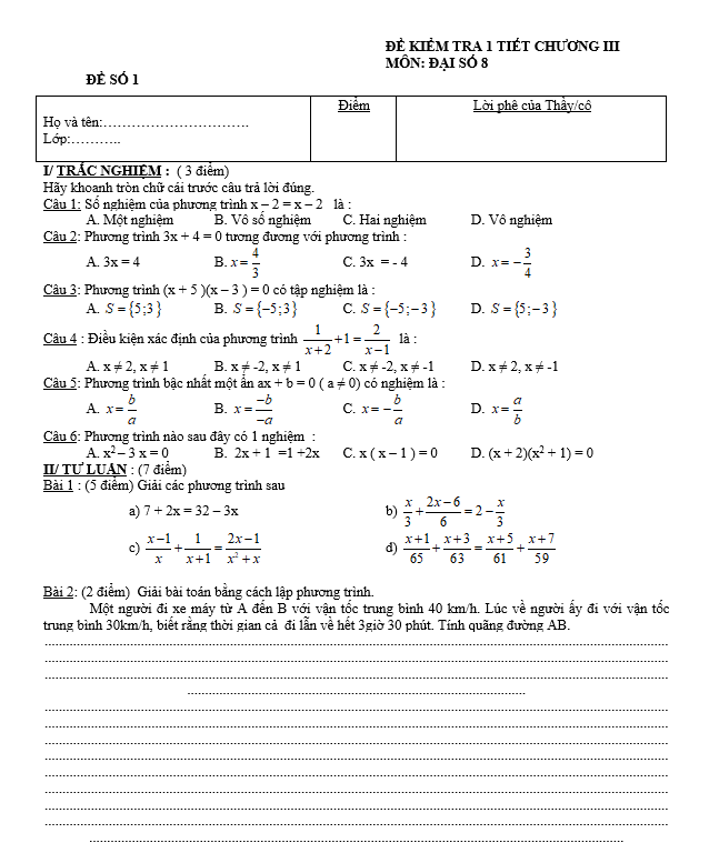 12 đề kiểm tra Đại Số lớp 8 - Có đáp án