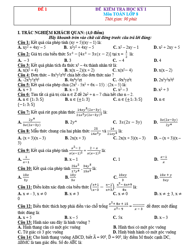 80 đề thi HK1 môn Toán lớp 8 - Có đáp án