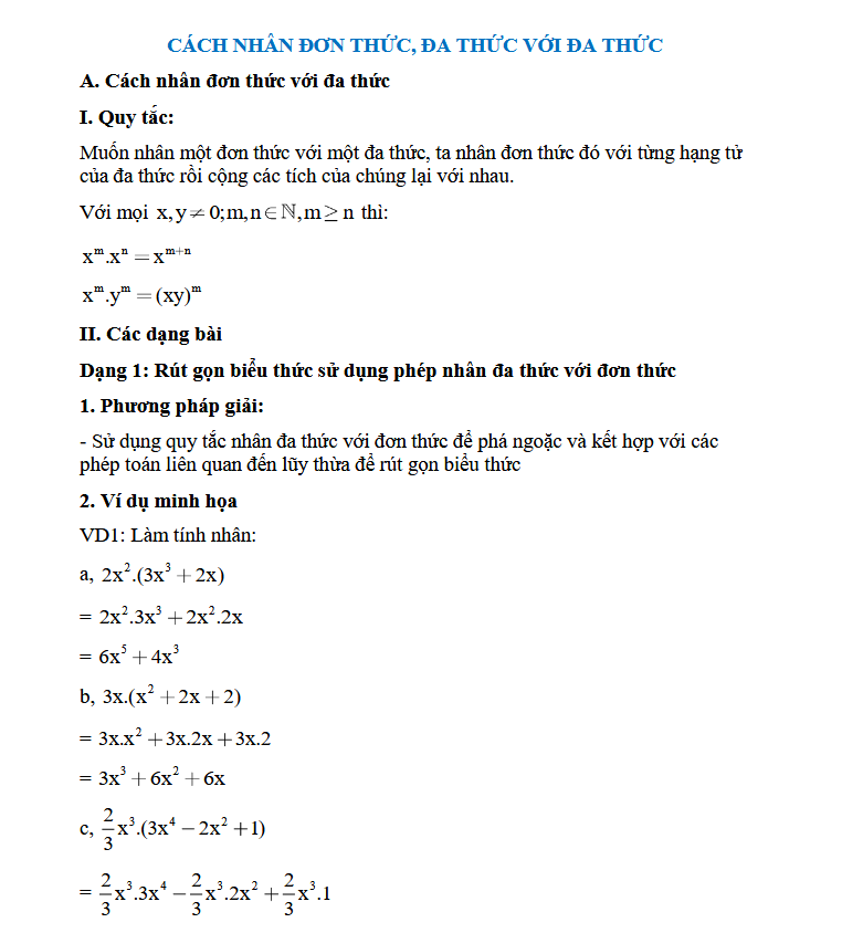 CÁCH NHÂN ĐƠN THỨC, ĐA THỨC VỚI ĐA THỨC