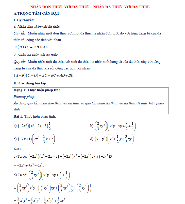 Chuyên đề - NHÂN ĐƠN THỨC VỚI ĐA THỨC - NHÂN ĐA THỨC VỚI ĐA THỨC