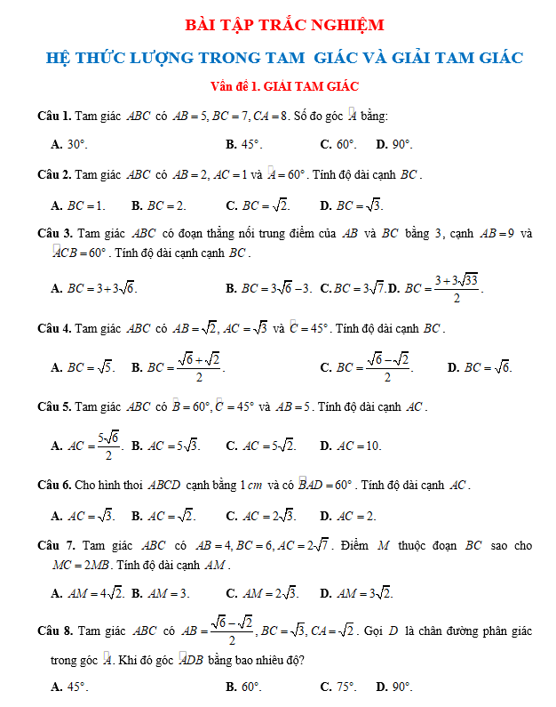 HỆ THỨC LƯỢNG TRONG TAM  GIÁC VÀ GIẢI TAM GIÁC - Có lời giải