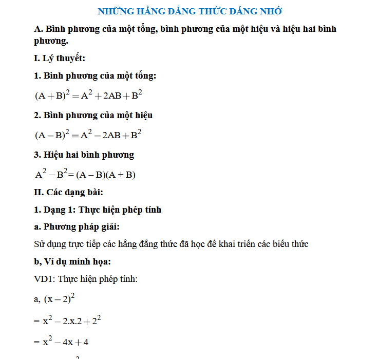 NHỮNG HẰNG ĐẲNG THỨC ĐÁNG NHỚ và cách giải các bài tập toán