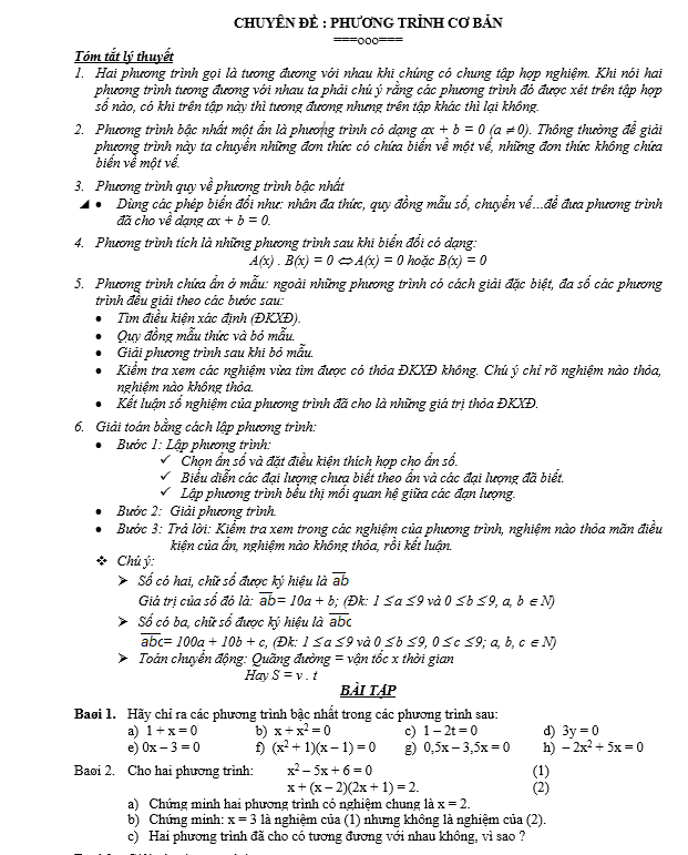 CHUYÊN ĐỀ : PHƯƠNG TRỈNH CƠ BẢN - Toán lớp 8