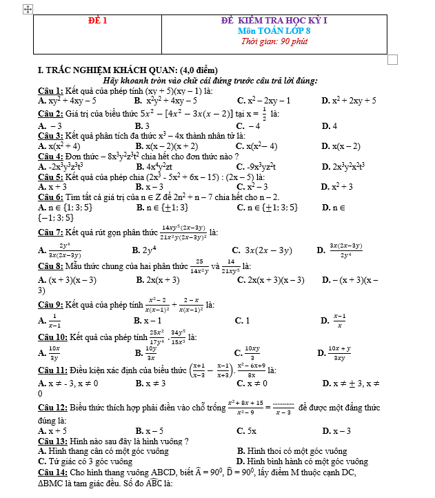 Tổng hợp 40 đề thi Học Kỳ 1 môn Toán lớp 8