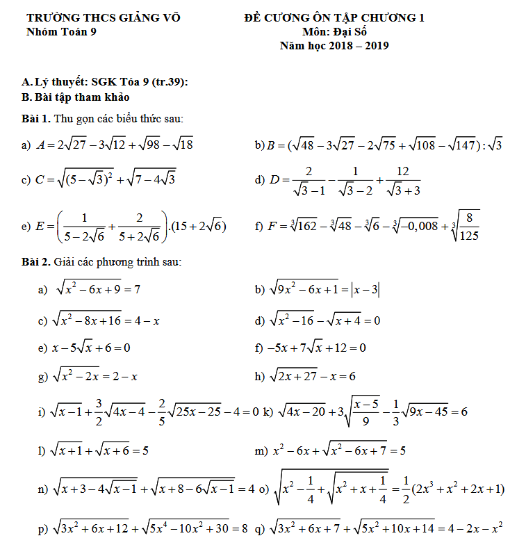 ĐỀ CƯƠNG ÔN TẬP CHƯƠNG 1 Môn: Đại Số Năm học 2018 – 2019 - THCS Giảng Võ