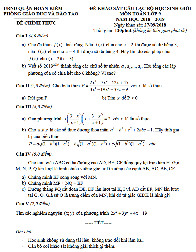 ĐỀ KHẢO SÁT CÂU LẠC BỘ HỌC SINH GIỎI MÔN TOÁN LỚP 9 NĂM HỌC 2018 – 2019 - Quận Hoàn Kiếm