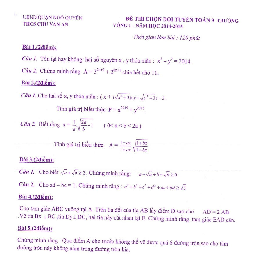 Đề thi chọn đội tuyển Toán 9 - THCS Chu Văn An - Năm học 2014 - 2015