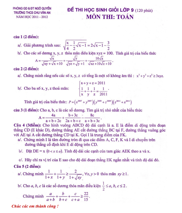 Đề thi chọn đội tuyển Toán 9 - THCS Chu Văn An - Năm học 2011 - 2012
