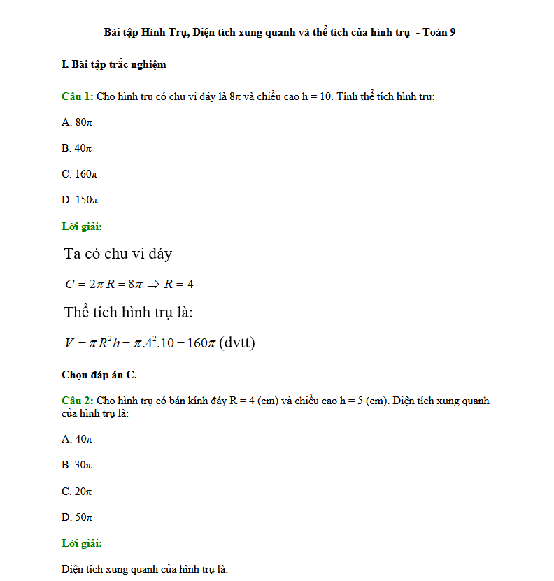 50 Bài tập Hình Trụ, Diện tích xung quanh và thể tích của hình trụ - Toán 9