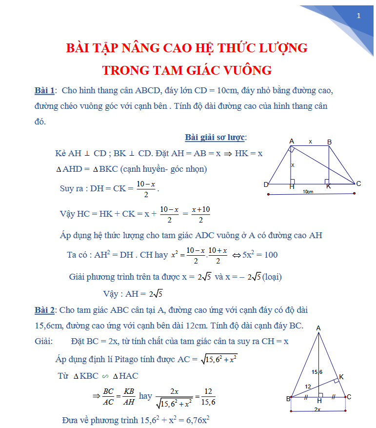 BÀI TẬP NÂNG CAO HỆ THỨC LƯỢNG TRONG TAM GIÁC VUÔNG - Toán 9