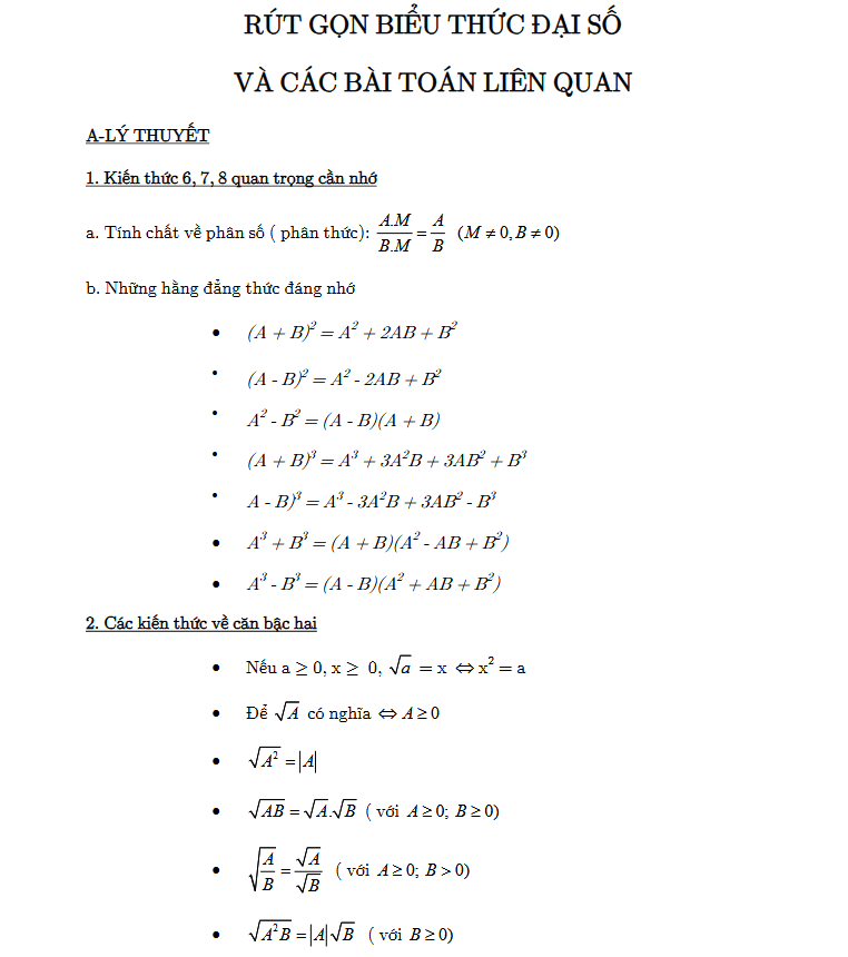 CHUYÊN ĐỀ - RÚT GỌN BIỂU THỨC ĐẠI SỐ VÀ CÁC BÀI TOÁN LIÊN QUAN - Toán 9