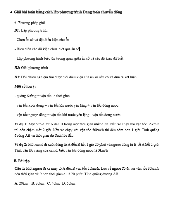 Giải bài toán bằng cách lập phương trình Dạng toán chuyển động - Toán 9