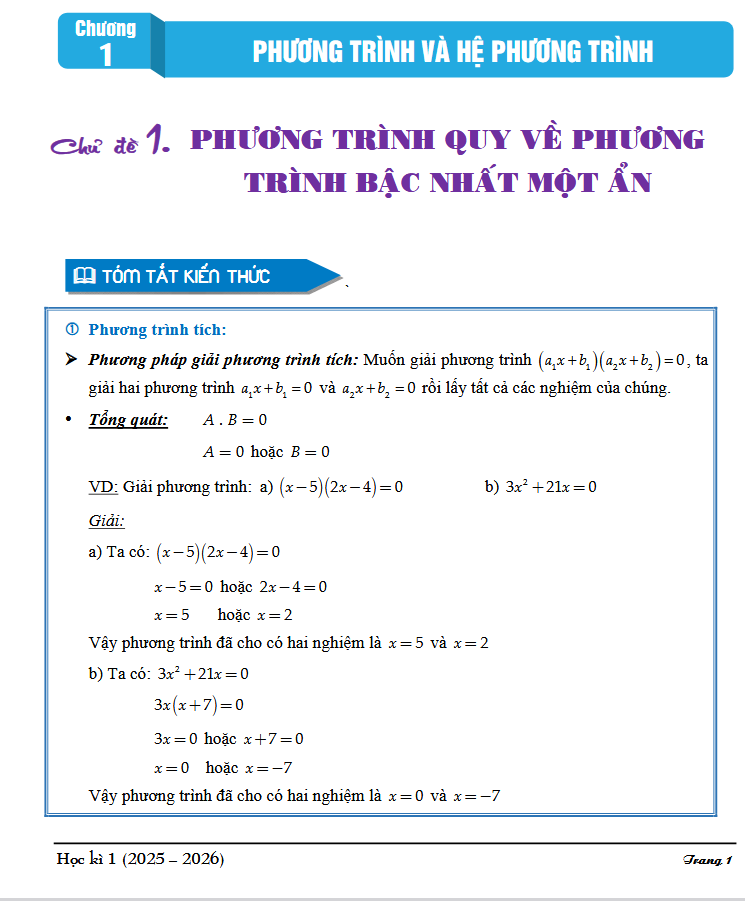Tài liệu học tập môn Toán lớp 9 - Học Kỳ 1