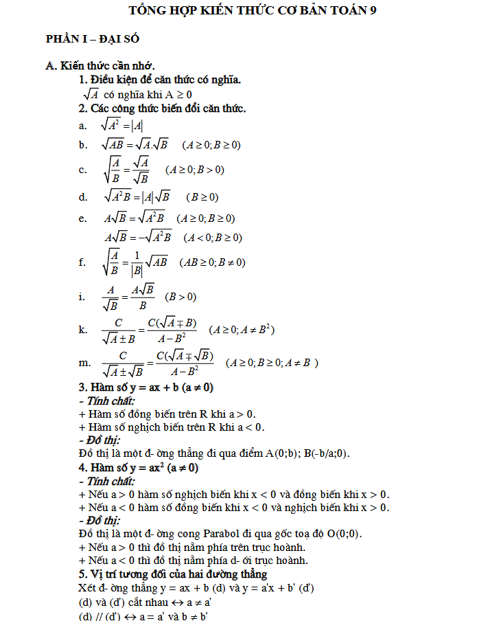 TỔNG HỢP KIẾN THỨC CƠ BẢN TOÁN 9