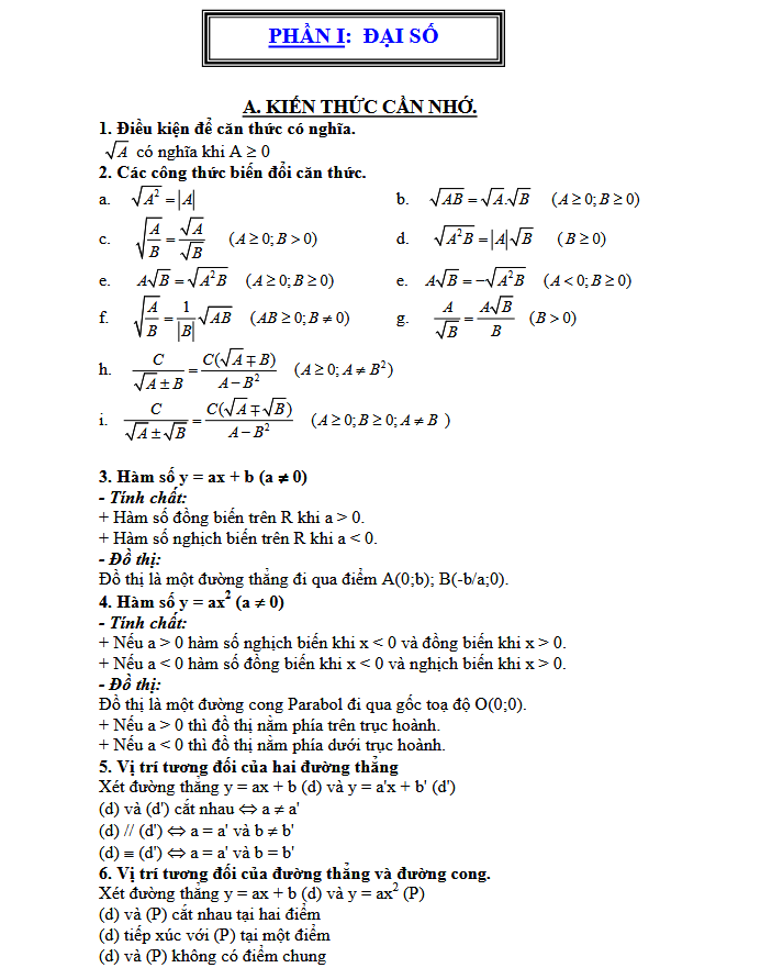 Tổng hợp kiến thức và các dạng bài tập Toán 9