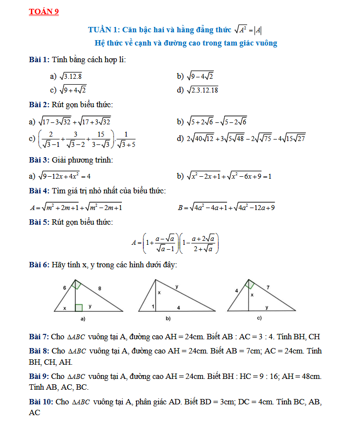 TUẦN 1: Căn bậc hai và hằng đẳng thức - Toán 9