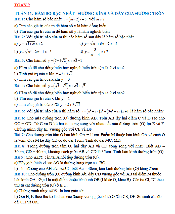 TUẦN 11: HÀM SỐ BẬC NHẤT - ĐƯỜNG KÍNH VÀ DÂY CỦA ĐƯỜNG TRÒN - Toán 9