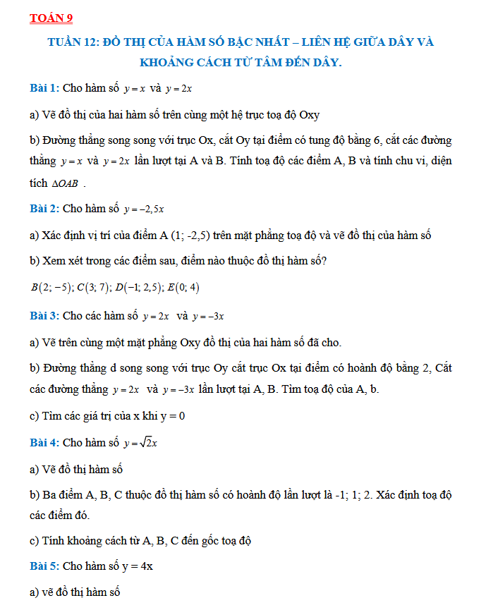 TUẦN 12: ĐỒ THỊ CỦA HÀM SỐ BẬC NHẤT - Toán 9