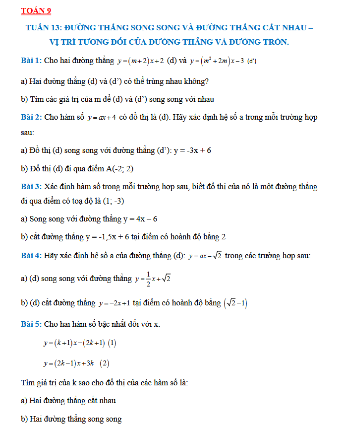 TUẦN 13: ĐƯỜNG THẲNG SONG SONG VÀ ĐƯỜNG THẲNG CẮT NHAU - Toán 9