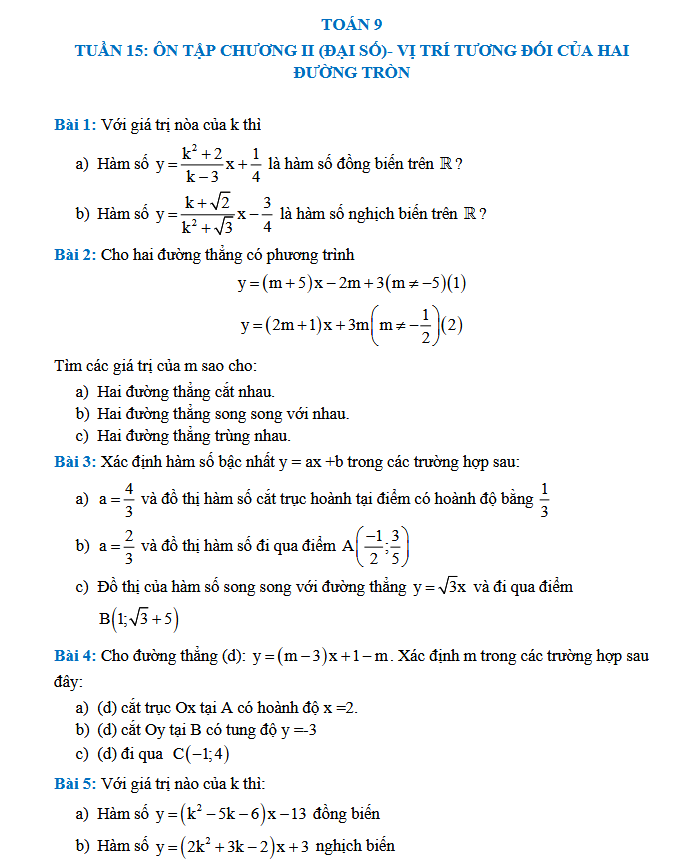 TUẦN 15: ÔN TẬP CHƯƠNG II (ĐẠI SỐ) - Toán 9