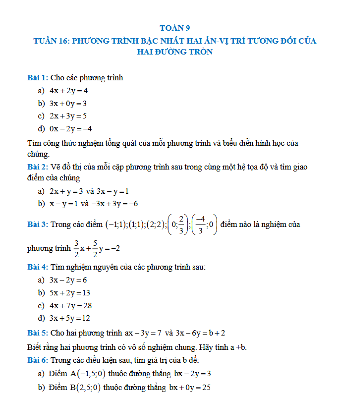 TUẦN 16: PHƯƠNG TRÌNH BẬC NHẤT HAI ẨN-VỊ TRÍ TƯƠNG ĐỐI CỦA HAI ĐƯỜNG TRÒN - Toán 9
