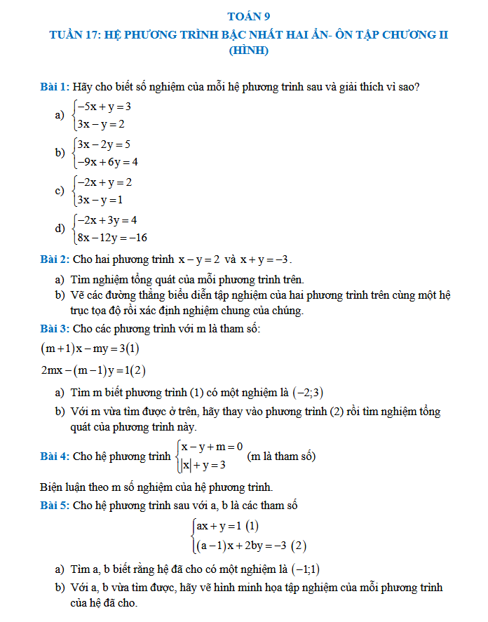 TUẦN 17: HỆ PHƯƠNG TRÌNH BẬC NHẤT HAI ẨN - Toán 9