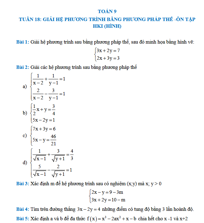 TUẦN 18: GIẢI HỆ PHƯƠNG TRÌNH BẰNG PHƯƠNG PHÁP THẾ - Toán 9