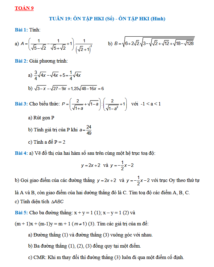 TUẦN 19: ÔN TẬP HKI (Số) - ÔN TẬP HKI (Hình) - Toán 9
