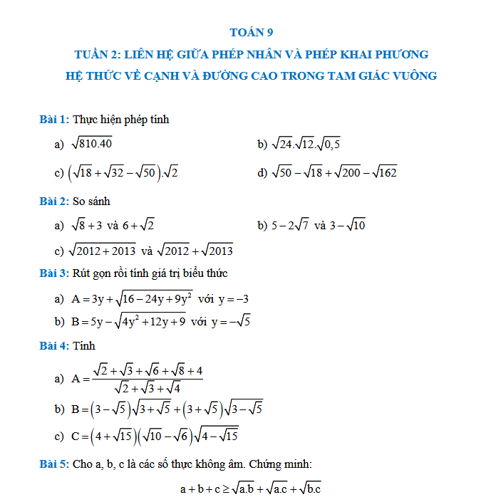 TUẦN 2: LIÊN HỆ GIỮA PHÉP NHÂN VÀ PHÉP KHAI PHƯƠNG - Toán 9