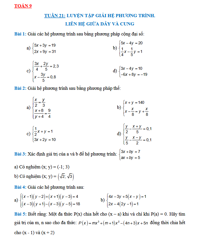 TUẦN 21: LUYỆN TẬP GIẢI HỆ PHƯƠNG TRÌNH - Toán 9