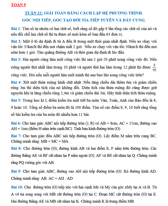 TUẦN 22: GIẢI TOÁN BẰNG CÁCH LẬP HỆ PHƯƠNG TRÌNH - Toán 9
