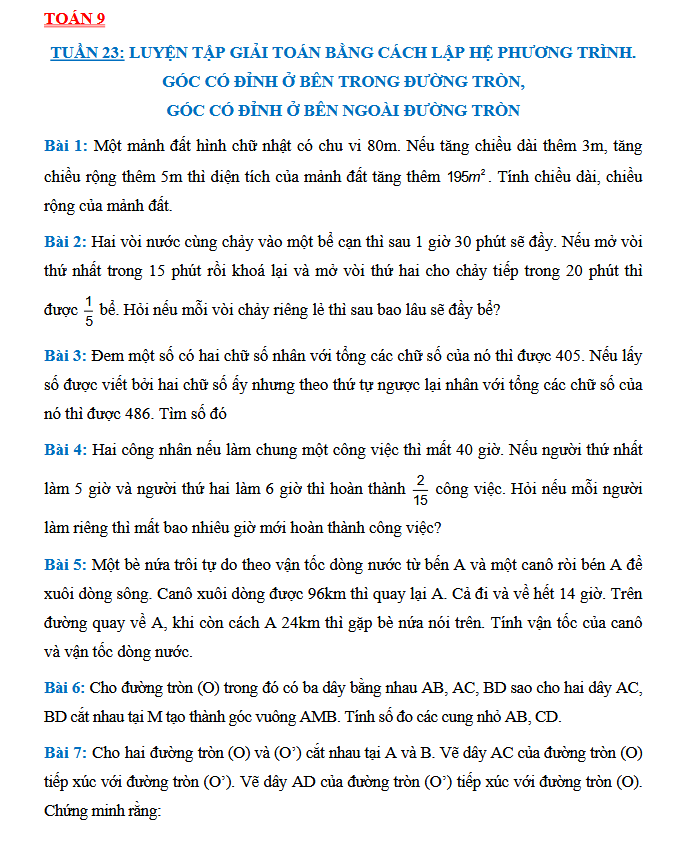 TUẦN 23: LUYỆN TẬP GIẢI TOÁN BẰNG CÁCH LẬP HỆ PHƯƠNG TRÌNH - Toán 9