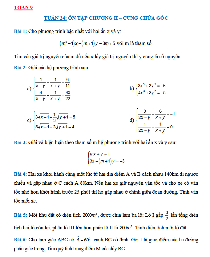 TUẦN 24: ÔN TẬP CHƯƠNG II – CUNG CHỨA GÓC - Toán 9