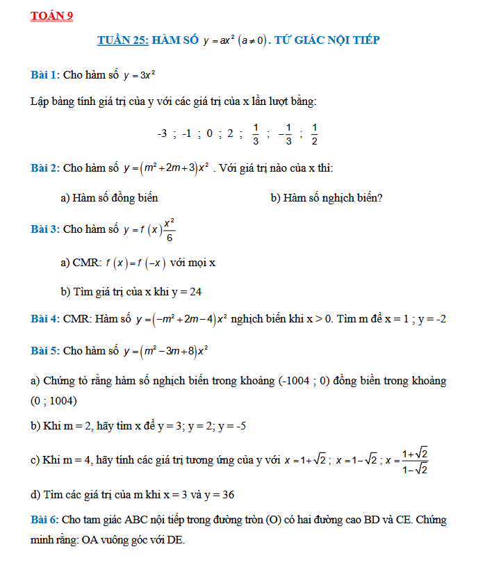 TUẦN 25: HÀM SỐ - TỨ GIÁC NỘI TIẾP
