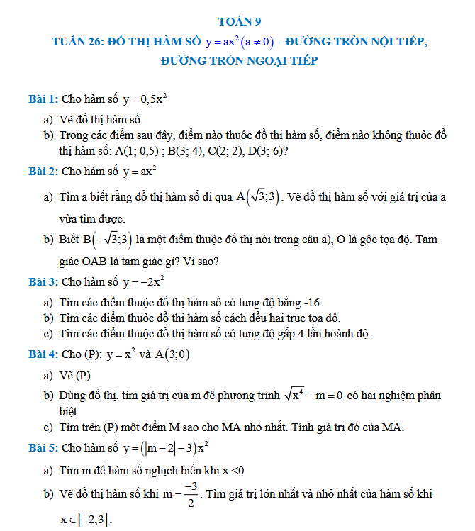 TUẦN 26: ĐỒ THỊ HÀM SỐ - ĐƯỜNG TRÒN NỘI TIẾP, ĐƯỜNG TRÒN NGOẠI TIẾP - Toán 9