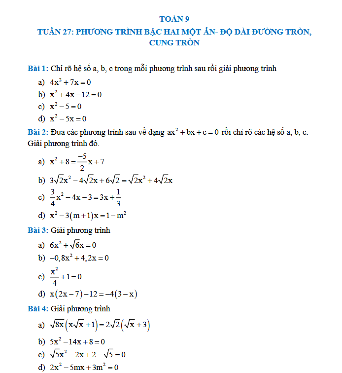 TUẦN 27: PHƯƠNG TRÌNH BẬC HAI MỘT ẨN - Toán 9
