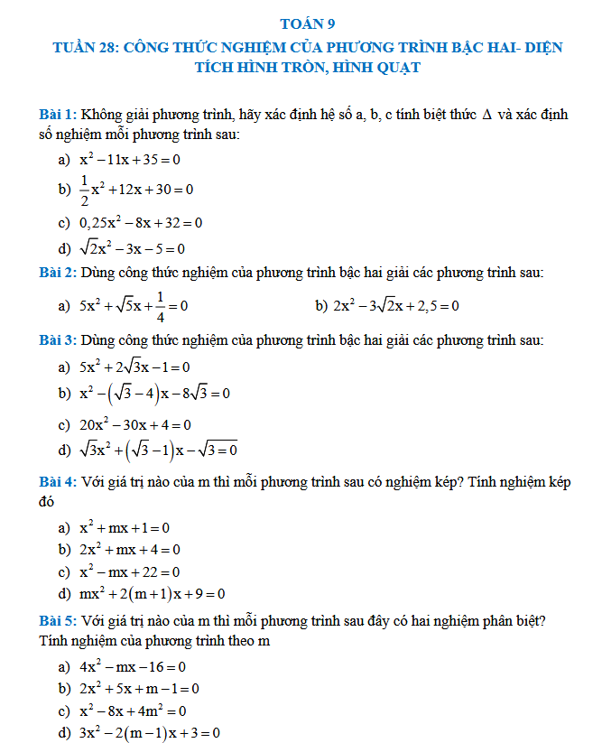 TUẦN 28: CÔNG THỨC NGHIỆM CỦA PHƯƠNG TRÌNH BẬC HAI - Toán 9