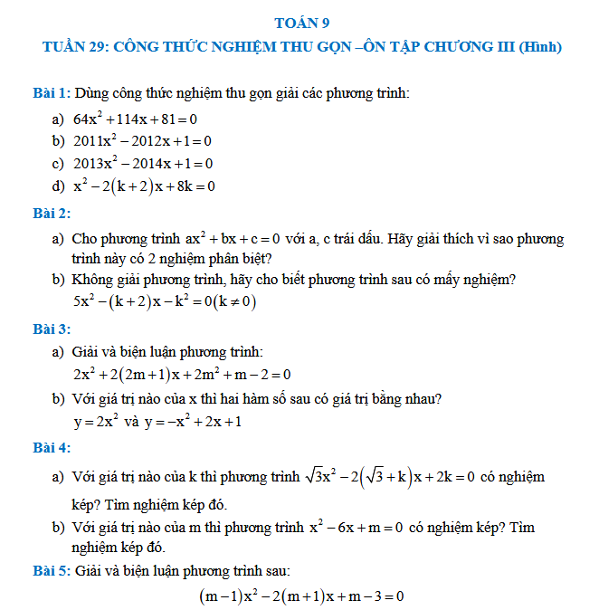 TUẦN 29: CÔNG THỨC NGHIỆM THU GỌN - Toán 9