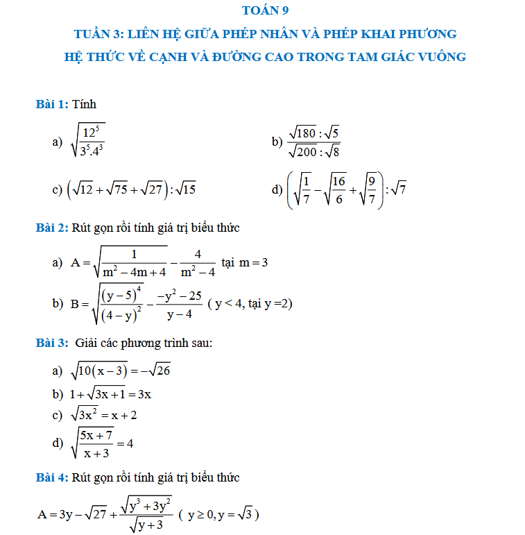 TUẦN 3: LIÊN HỆ GIỮA PHÉP NHÂN VÀ PHÉP KHAI PHƯƠNG - Toán 9