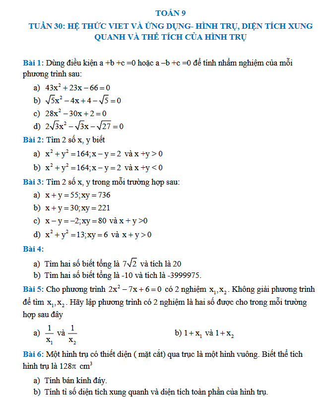 TUẦN 30: HỆ THỨC VIET VÀ ỨNG DỤNG - Toán 9