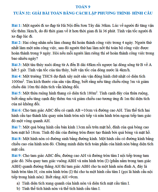 TUẦN 32: GIẢI BÀI TOÁN BẰNG CÁCH LẬP PHƯƠNG TRÌNH- HÌNH CẦU - Toán 9